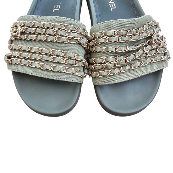 Chanel CC Chain Slide Flat Sandal Khaki Green Canvas Gold Logo 38 US 7 7.5 - Picture 6 of 10
